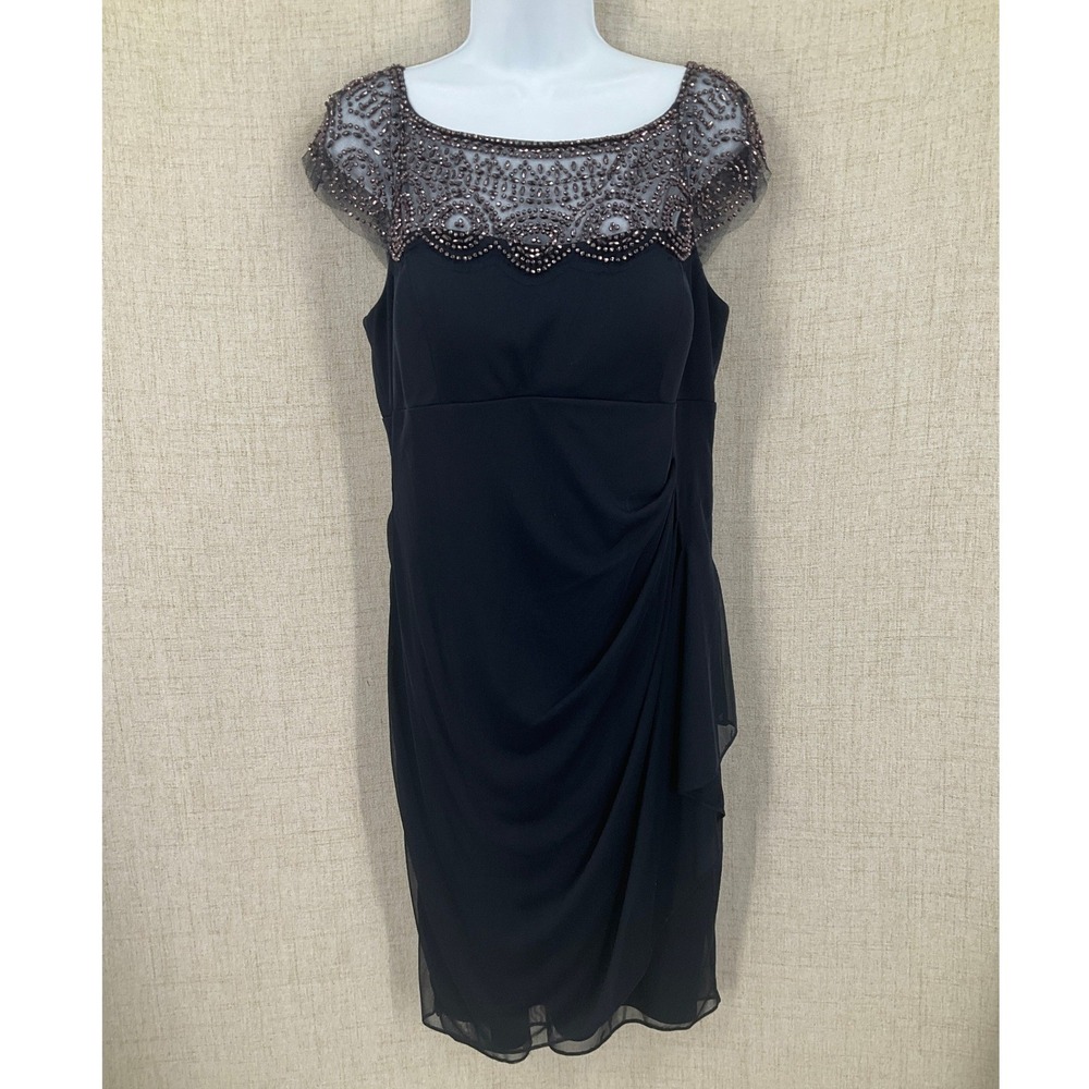 Xscape Cocktail Dress Womens 14 Navy Blue Beaded Ruched Mother of the Bride